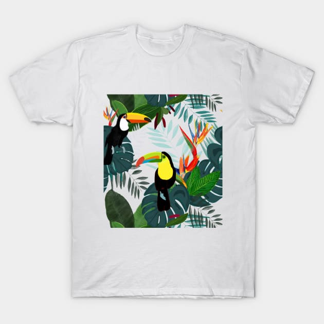 Toucan and bird of paradise flowers Tropical Forest colorful summer T-Shirt by GULSENGUNEL